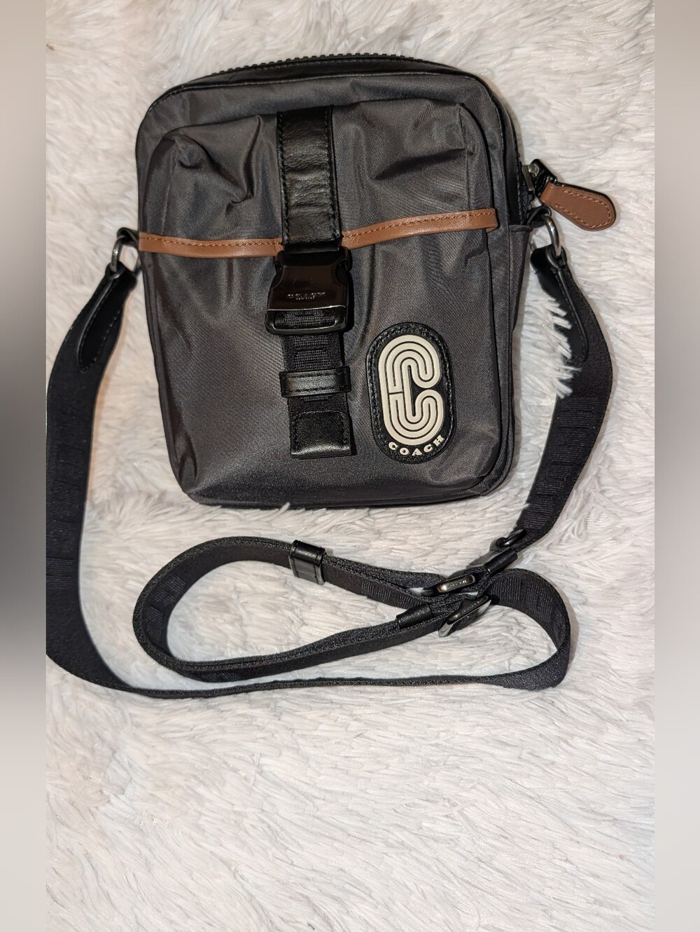 Coach Max Crossbody Bag C9836 Nylon Leather Black Brown GUC